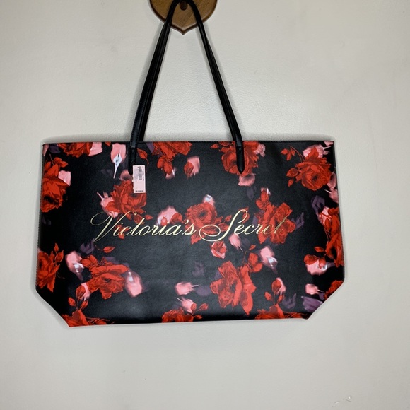 Victoria’s Secret | Large Black Leather Red & Pink Floral Tote Bag  Romantic NWT - Picture 7 of 8
